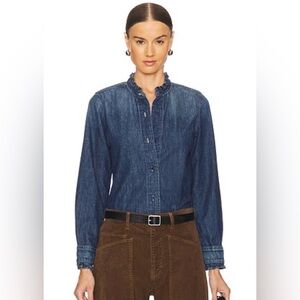 Ricki's Dark Blue Denim button blouse, ruffled neck - size Medium